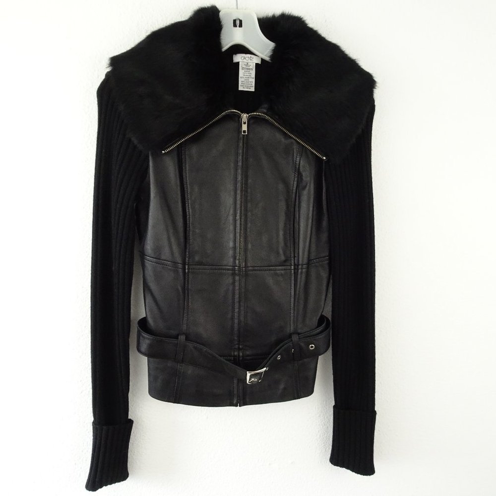 Cache Black Leather Jacket with Fur Collar